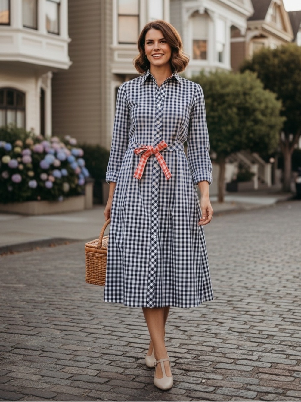 Vintage I. Magnin & Co. Gingham Farmhouse Style Shirt Dress | Midi | Fits M